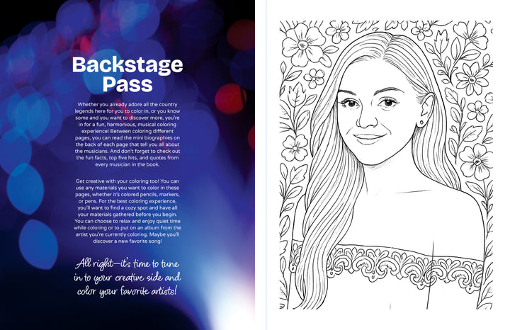 Two-page spread from the Ultimate Country Legends Coloring Book by Schiffer Publishing, Ltd.; left has vibrant lights with "Backstage Pass" and info on coloring, right features a smiling woman against a floral background, ready to be colored.