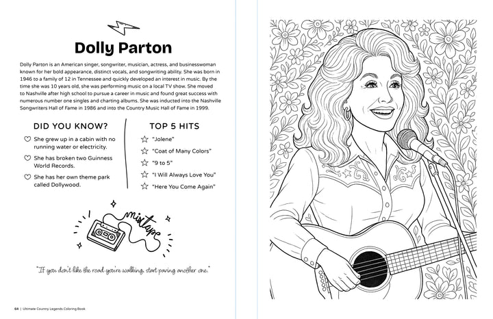 A black-and-white coloring page from Schiffer Publishing, Ltd.'s Ultimate Country Legends Coloring Book shows Dolly Parton smiling with her guitar, surrounded by flowers, life facts, top 5 songs, and a mixtape cassette featuring an inspiring quote.