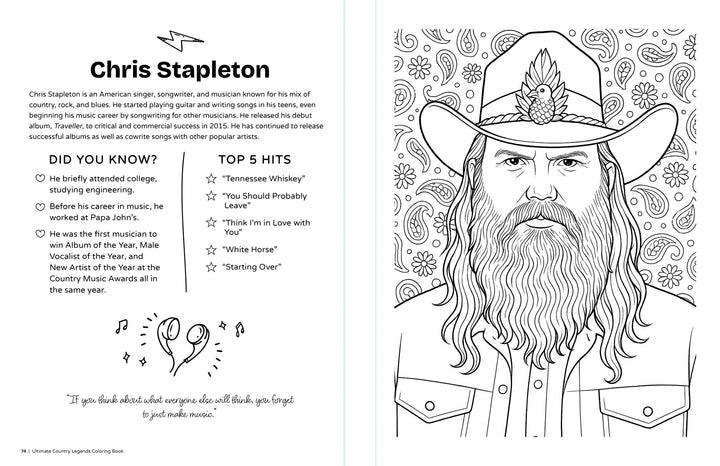 The Ultimate Country Legends Coloring Book by Schiffer Publishing, Ltd. features a black-and-white Chris Stapleton page with his biography, top 5 hits, a quote, and a line drawing of him in a hat on a patterned background.