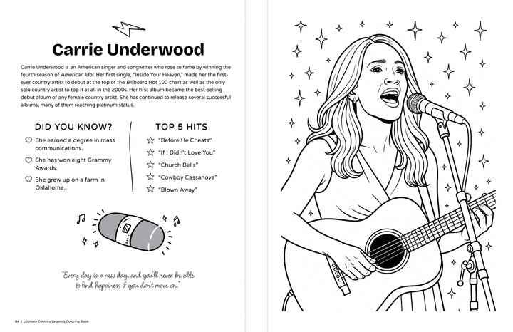 This black and white coloring page from the Ultimate Country Legends Coloring Book by Schiffer Publishing, Ltd. features Carrie Underwood with a guitar and microphone, plus fun facts, her top hits, and a happiness quote—ideal for country music fans.