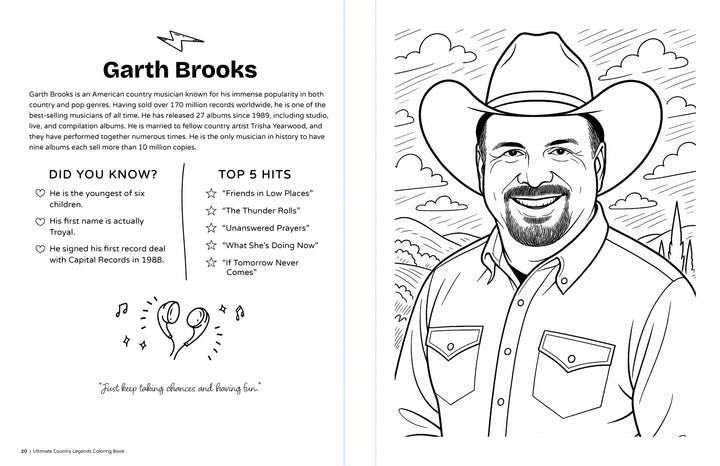 A black-and-white page from Schiffer Publishing, Ltd.’s Ultimate Country Legends Coloring Book features a smiling cowboy—Garth Brooks—alongside fun facts, his top 5 hits, and musical notes, ideal for country music fans.
