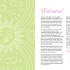 Two-page spread: left page shows a green background with white line art sun, moon, and clouds; right page has a "Welcome!" heading, intro by Maria Boyer, and a bee sketch—inviting you to The Creative Free Spirit Coloring Book by Schiffer Publishing, Ltd.