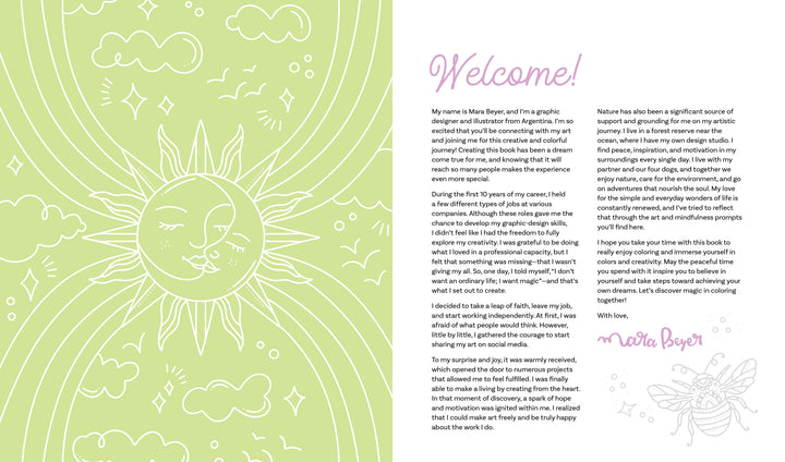Two-page spread: left page shows a green background with white line art sun, moon, and clouds; right page has a "Welcome!" heading, intro by Maria Boyer, and a bee sketch—inviting you to The Creative Free Spirit Coloring Book by Schiffer Publishing, Ltd.