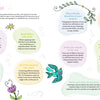 A pastel art tips page featuring floral doodles, a bird, and text bubbles with advice inspired by Schiffer Publishing, Ltd.'s The Creative Free Spirit Coloring Book—blend, experiment, add detail, and mix colors for creative results.