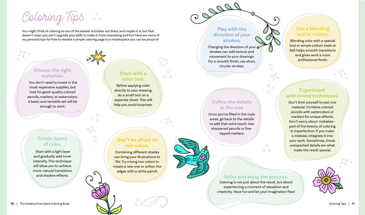 A pastel art tips page featuring floral doodles, a bird, and text bubbles with advice inspired by Schiffer Publishing, Ltd.'s The Creative Free Spirit Coloring Book—blend, experiment, add detail, and mix colors for creative results.