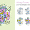 A whimsical page from The Creative Free Spirit Coloring Book by Schiffer Publishing, Ltd. shows a winged girl in a purple-blue dress labeled “Free Spirit,” holding a flower, with step-by-step creative coloring prompts in six layers at right.