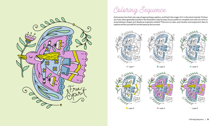 A whimsical page from The Creative Free Spirit Coloring Book by Schiffer Publishing, Ltd. shows a winged girl in a purple-blue dress labeled “Free Spirit,” holding a flower, with step-by-step creative coloring prompts in six layers at right.