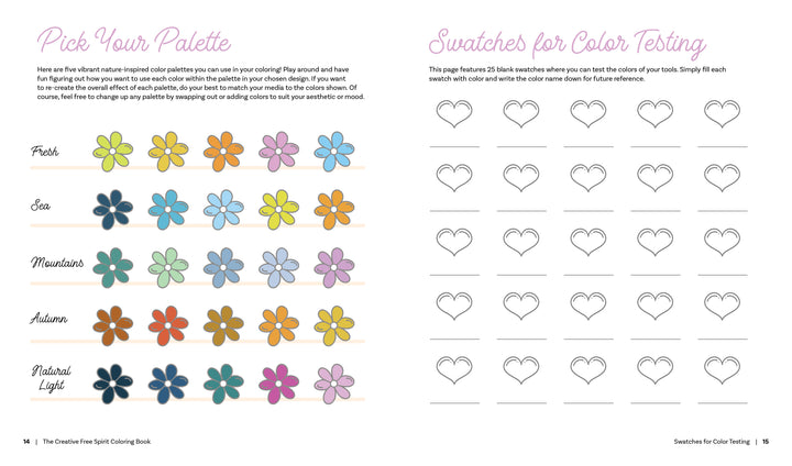 A page from The Creative Free Spirit Coloring Book by Schiffer Publishing, Ltd. shows five rows of flower designs labeled Fresh, Sea, Mountain, Autumn, and Natural Light, plus blank heart outlines beside them for color testing and swatching.