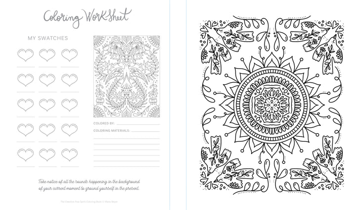 The Creative Free Spirit Coloring Book by Schiffer Publishing, Ltd. offers a worksheet with space for color swatches and notes alongside a detailed mandala of floral and leaf patterns—ideal for nature coloring book enthusiasts.