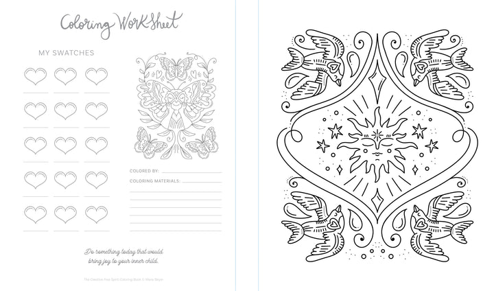 The Creative Free Spirit Coloring Book by Schiffer Publishing, Ltd. features a worksheet with a swatch section and butterfly illustration, plus a detailed coloring page of four birds, stars, and a sun—ideal for nature coloring book fans.