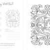 Inspired by The Creative Free Spirit Coloring Book by Schiffer Publishing, Ltd., this black-and-white worksheet features a fox with leaves and flowers, a cat on mushrooms, space for color swatches, and an area to list coloring materials.