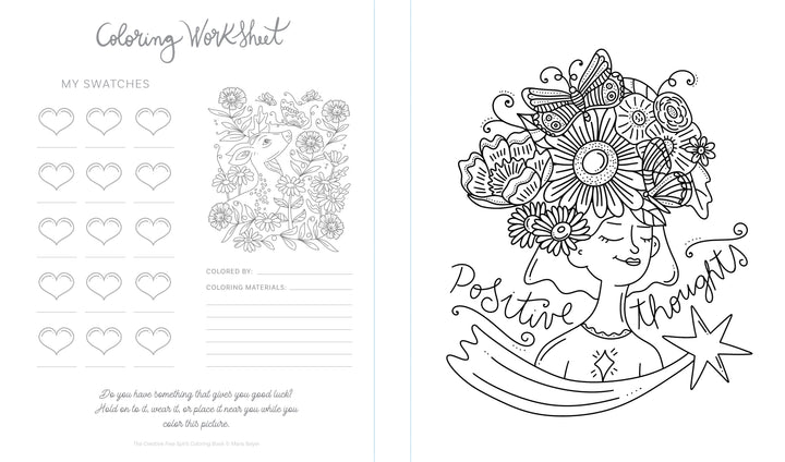 The Creative Free Spirit Coloring Book by Schiffer Publishing, Ltd. features worksheets with swatch sections, floral illustrations with hearts, and a large positive-themed page of a woman with flowers, leaves, butterflies, ribbon and a star.