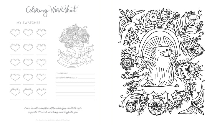 The Creative Free Spirit Coloring Book by Schiffer Publishing, Ltd. offers a floral otter worksheet with swatch areas, a flower-filled skull, and note space—perfect for positive affirmations and creative expression.