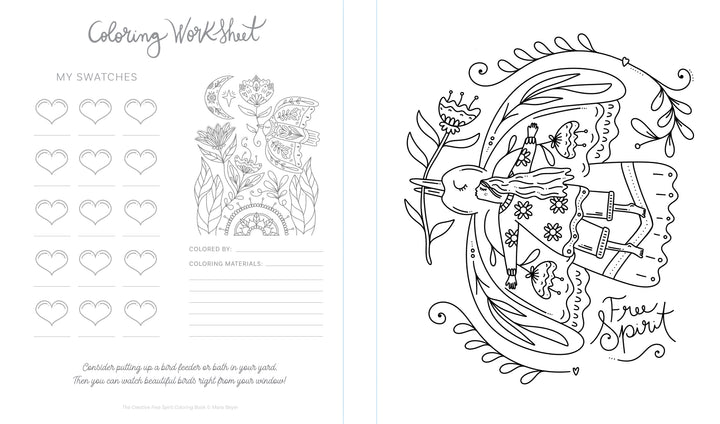 The Creative Free Spirit Coloring Book by Schiffer Publishing, Ltd. features heart-shaped swatches, floral drawings, space for materials, and a detailed bird with flower accents and “Free Spirit”—ideal for nature coloring book fans.