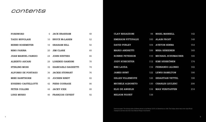 A two-page book spread from "Lords of Speed" by Schiffer Publishing, Ltd.: the left page shows a table of contents with names and page numbers on white; the right continues the list on black, highlighting Formula One drivers and racing photography in white text.