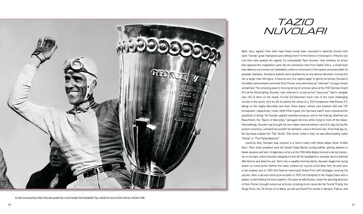 A black-and-white photo of race car driver Tazio Nuvolari smiling beside a large trophy features on "Lords of Speed" by Schiffer Publishing, Ltd., with a tribute honoring his Formula 1 legacy to the right.