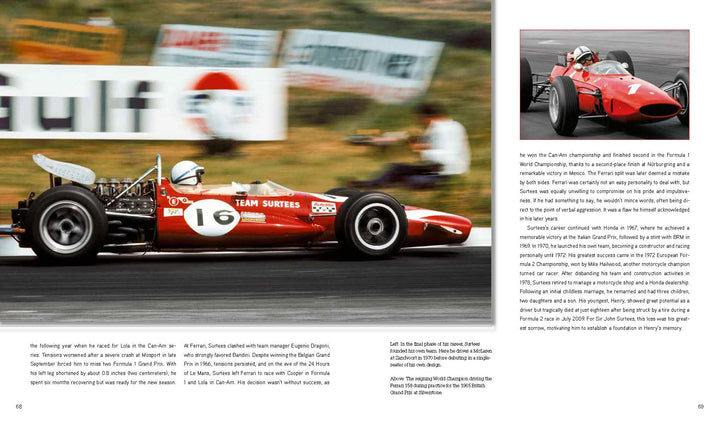 Two red vintage Formula 1 cars race on a track in "Lords of Speed" by Schiffer Publishing, Ltd.; the left page shows car #16, Team Surtees, while the right displays thrilling racing photos and stories of legendary Formula One drivers.