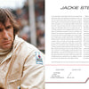 A man in a cream racing suit with sponsor patches looks thoughtfully aside against a blurred background. On the right, text references Formula One driver Jackie Stewart and his career appears, alongside “Lords of Speed” by Schiffer Publishing, Ltd.