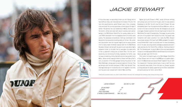 A man in a cream racing suit with sponsor patches looks thoughtfully aside against a blurred background. On the right, text references Formula One driver Jackie Stewart and his career appears, alongside “Lords of Speed” by Schiffer Publishing, Ltd.