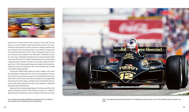 A vintage Formula 1 car, number 12, driven by Ayrton Senna races down the track. Blurred spectators fill the background. On the left, "Lords of Speed" by Schiffer Publishing, Ltd. showcases Senna with his car and race details in text.