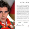 Close-up of Ayrton Senna in a racing suit, looking serious. On the right, a white background with black text showcases his Formula 1 legacy and achievements, with a red stylized F1 logo—featured in "Lords of Speed" by Schiffer Publishing, Ltd.