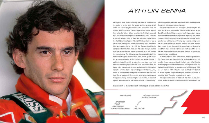 Close-up of Ayrton Senna in a racing suit, looking serious. On the right, a white background with black text showcases his Formula 1 legacy and achievements, with a red stylized F1 logo—featured in "Lords of Speed" by Schiffer Publishing, Ltd.