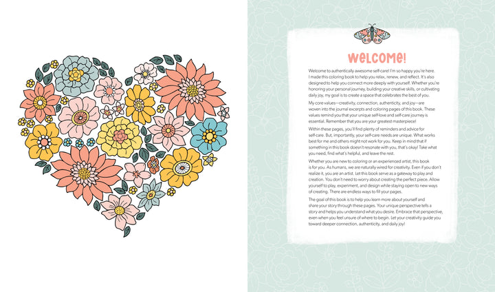 A pastel floral heart sits left; right, a welcome note with butterfly atop light blue florals invites self-love and emotional wellness, inspired by the "Awesomely Authentic Self-Care Coloring Book" from Schiffer Publishing, Ltd.