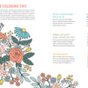 On the left, a floral page from the Awesomely Authentic Self-Care Coloring Book by Schiffer Publishing, Ltd. is partly colored; on the right, self-care coloring tips offer advice for relaxation and emotional wellness.