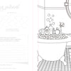 A page from the Awesomely Authentic Self-Care Coloring Book by Schiffer Publishing, Ltd. features a cozy clawfoot tub scene with plants and candles, plus journal prompts and color swatch circles on the opposite page.