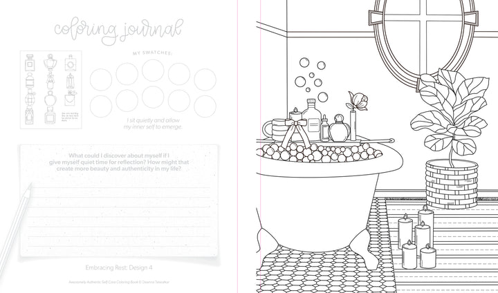 A page from the Awesomely Authentic Self-Care Coloring Book by Schiffer Publishing, Ltd. features a cozy clawfoot tub scene with plants and candles, plus journal prompts and color swatch circles on the opposite page.