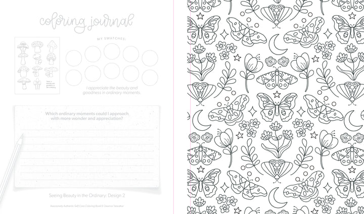 From Schiffer Publishing, Ltd.'s Awesomely Authentic Self-Care Coloring Book: one page shows mushroom sketches, color swatches, and a beauty/appreciation prompt; the other features moths, flowers, moons, frogs & leaves to color for emotional wellness.