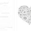 The Awesomely Authentic Self-Care Coloring Book by Schiffer Publishing, Ltd. features a guided coloring spread: left page with a flower vase, swatches, love quote, and notes section; right page showcases heart-shaped flowers for creative self-care and emotional wellness.