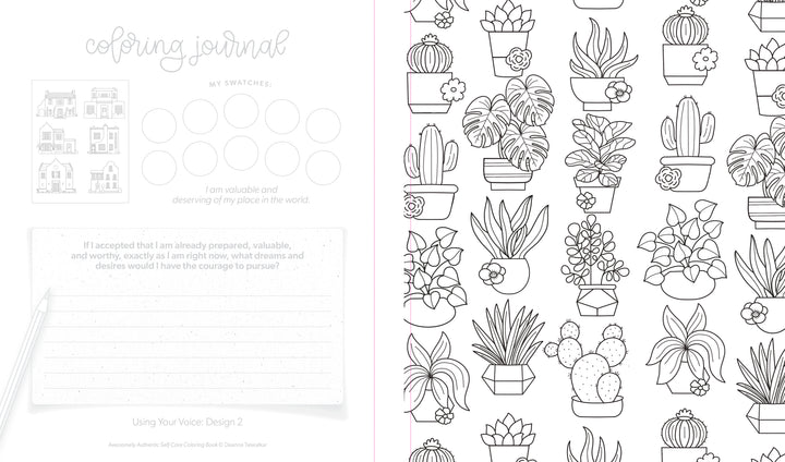 The "Awesomely Authentic Self-Care Coloring Book" by Schiffer Publishing, Ltd. includes a journal page with a grid of small house sketches, a circle swatch area, an inspirational quote, and potted plant patterns.