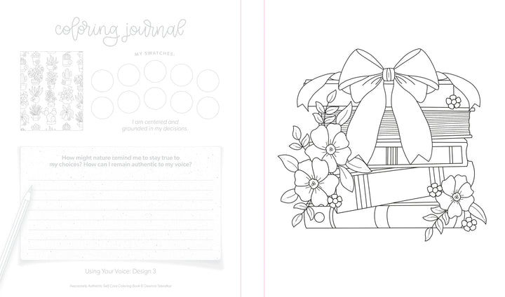 A page from the Awesomely Authentic Self-Care Coloring Book by Schiffer Publishing, Ltd. features a swatch area, an authenticity prompt, and an illustration of stacked books with a ribbon, flowers, and leaves for emotional wellness.