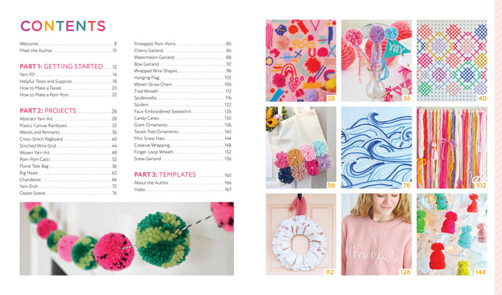 On the left, the Handmade Happiness Yarn Crafts table of contents by Schiffer Publishing, Ltd. lists parts and pages; on the right are photos of bright yarn garlands, animals, wreaths, and fashion accessories with page numbers.
