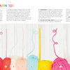 Colorful balls of yarn labeled A to K are lined up on light wood with loose strands above each. Above them, text describes "Handmade Happiness Yarn Crafts" by Schiffer Publishing, Ltd., highlighting vibrant yarn for creative projects.