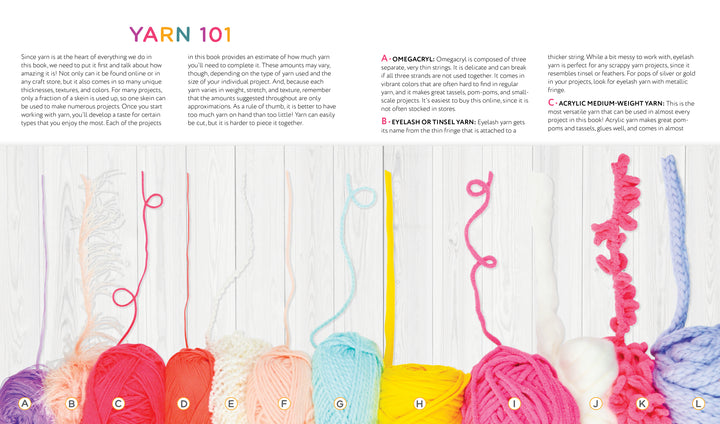 Colorful balls of yarn labeled A to K are lined up on light wood with loose strands above each. Above them, text describes "Handmade Happiness Yarn Crafts" by Schiffer Publishing, Ltd., highlighting vibrant yarn for creative projects.