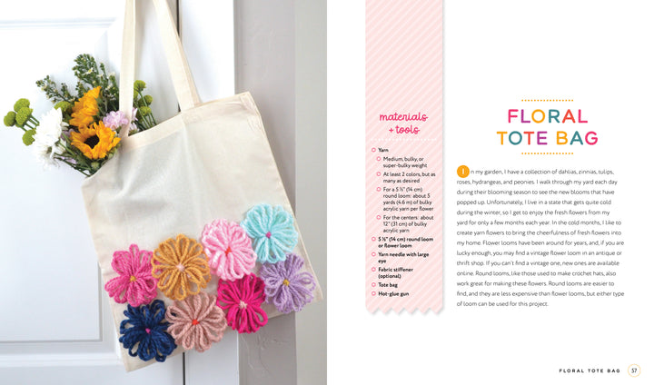 The Handmade Happiness Yarn Crafts tote bag by Schiffer Publishing, Ltd. hangs on a white wall, decorated with colorful yarn flowers and filled with yellow and pink blooms. Instructions and text appear to the right.