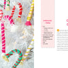 Handmade Happiness Yarn Crafts by Schiffer Publishing, Ltd. displays colorful yarn candy cane ornaments on a white artificial Christmas tree, with materials and steps listed on the right for easy home décor or crafting.