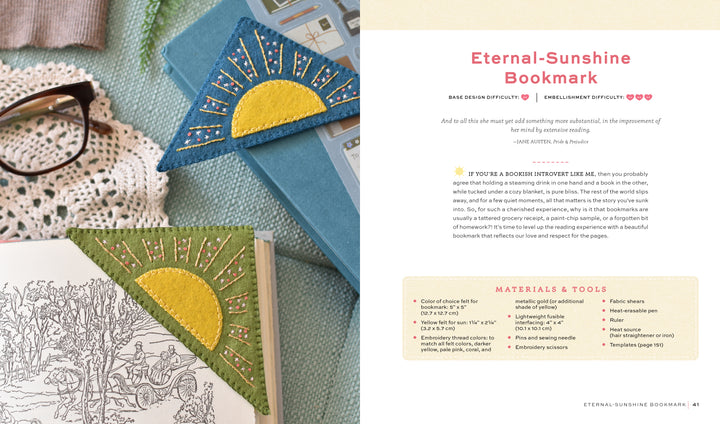 The book "HeartFELT Crafts to Make and Give" by Schiffer Publishing, Ltd. displays blue and green sun-embroidered felt bookmarks, plus a floral sketch, materials list, and beginner-friendly bookmark instructions.