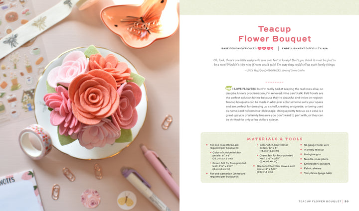 A pastel pink teacup with lifelike felt flowers sits on a saucer by scattered stationery—perfect inspiration from "HeartFELT Crafts to Make and Give" by Schiffer Publishing, Ltd. for beginner crafters or handmade home decor.