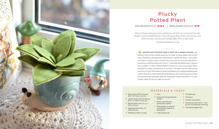 A felt succulent in a snail pot sits on a lace windowsill with ceramic mushrooms. The right page in "HeartFELT Crafts to Make and Give" by Schiffer Publishing, Ltd. shows instructions and materials for this beginner project.
