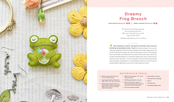 The image shows HeartFELT Crafts to Make and Give by Schiffer Publishing, Ltd., featuring a green felt frog brooch with pink cheeks and a flower, sewing tools, decorations, step-by-step instructions, and a materials list for beginner felt or embroidery projects.
