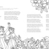 Black-and-white coloring page from Schiffer Publishing’s "Fantasy World Coloring Book: MAGIC MEADOWS - ROYAL KINGDOM - MERMAIDS’ BAY" featuring three girls in dresses dancing among flowers; a bird stands among blossoms. Whimsical designs by Emelie Lidehäll Öberg.