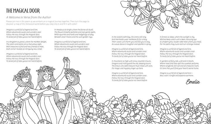 Black-and-white coloring page from Schiffer Publishing’s "Fantasy World Coloring Book: MAGIC MEADOWS - ROYAL KINGDOM - MERMAIDS’ BAY" featuring three girls in dresses dancing among flowers; a bird stands among blossoms. Whimsical designs by Emelie Lidehäll Öberg.