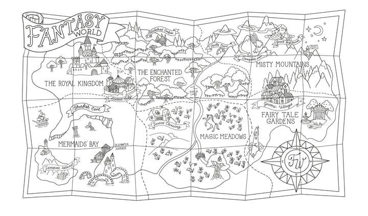 The "Fantasy World Coloring Book MAGIC MEADOWS - ROYAL KINGDOM - MERMAIDS’ BAY" by Schiffer Publishing, Ltd. features a hand-drawn map with castles, ships, mountains, and a compass rose in an enchanting style.