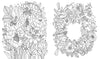 Discover whimsical black and white floral line art from "Fantasy World Coloring Book: MAGIC MEADOWS - ROYAL KINGDOM - MERMAIDS’ BAY" by Schiffer Publishing, Ltd., featuring tiny houses, birds on a floral wreath, and intricate designs inspired by Emelie Lidehäll Öberg.