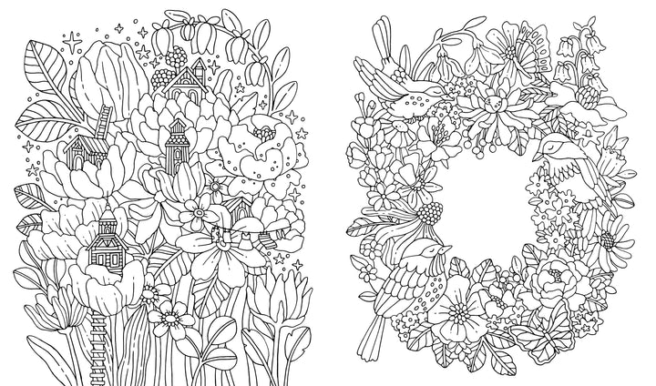Discover whimsical black and white floral line art from "Fantasy World Coloring Book: MAGIC MEADOWS - ROYAL KINGDOM - MERMAIDS’ BAY" by Schiffer Publishing, Ltd., featuring tiny houses, birds on a floral wreath, and intricate designs inspired by Emelie Lidehäll Öberg.