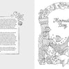 A whimsical coloring spread from Schiffer Publishing’s Fantasy World Coloring Book MAGIC MEADOWS - ROYAL KINGDOM - MERMAIDS’ BAY features marine art and a mermaid by underwater ruins, inspired by Emelie Lidehäll Öberg.