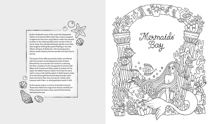 A whimsical coloring spread from Schiffer Publishing’s Fantasy World Coloring Book MAGIC MEADOWS - ROYAL KINGDOM - MERMAIDS’ BAY features marine art and a mermaid by underwater ruins, inspired by Emelie Lidehäll Öberg.